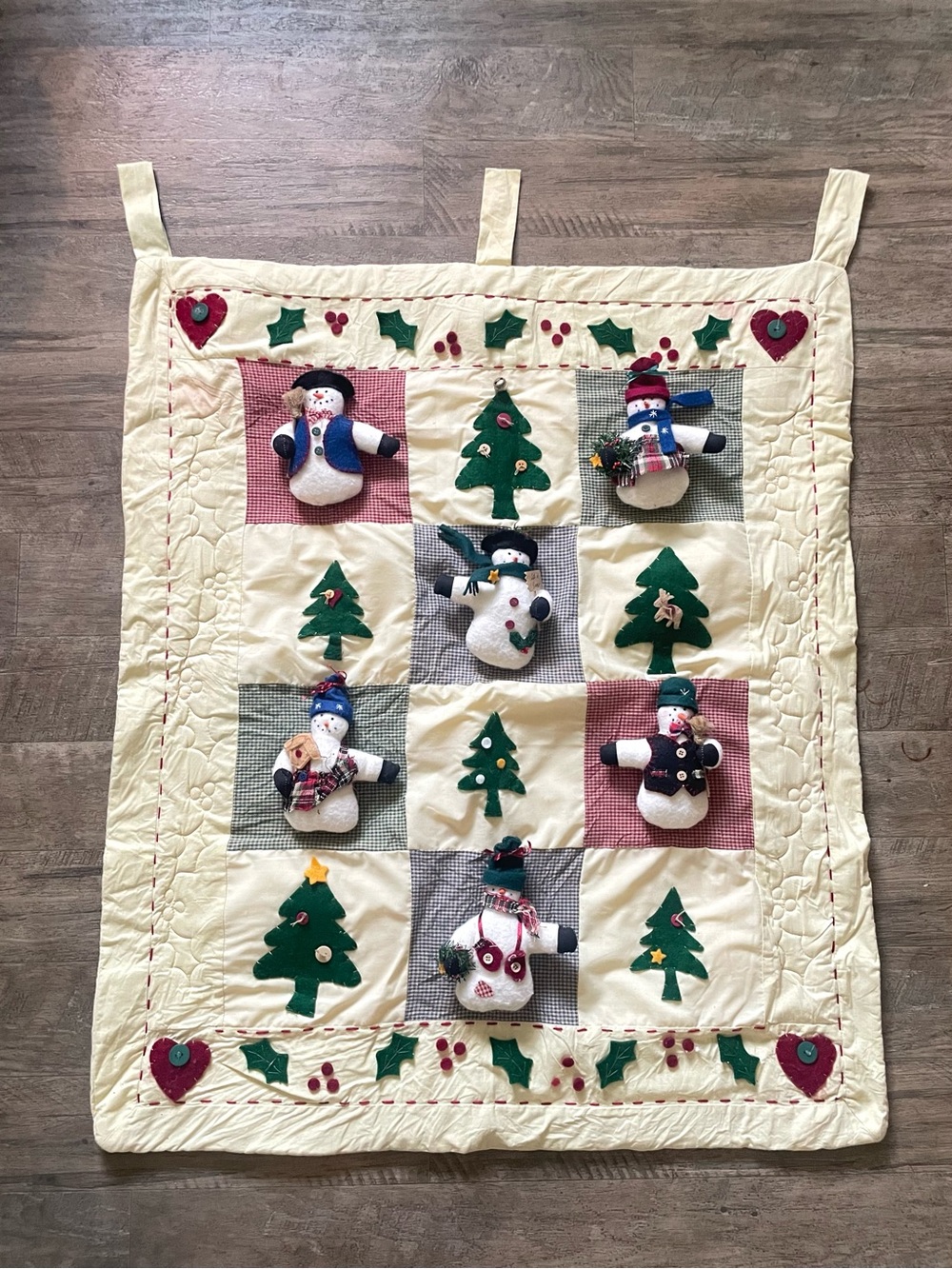Quilted Wall Hanging with 3D Snowman & Christmas Tree Appliqué Homemade 29x34